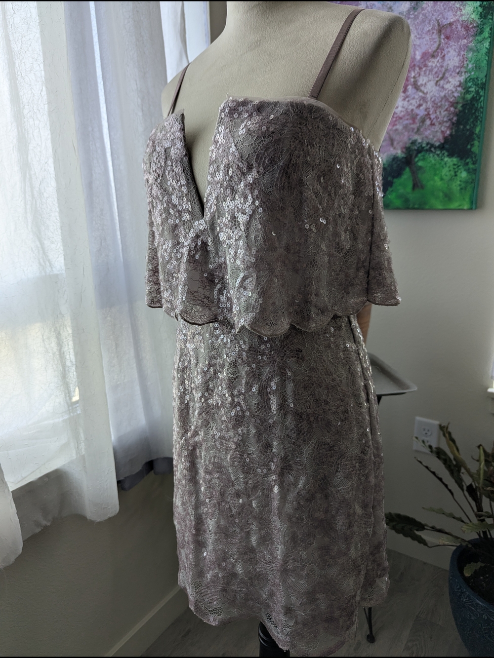 BCBGMaxAzria Smoky Lavender Lace & Sequin Off-Shoulder Mini Dress - Picture 1 of 8